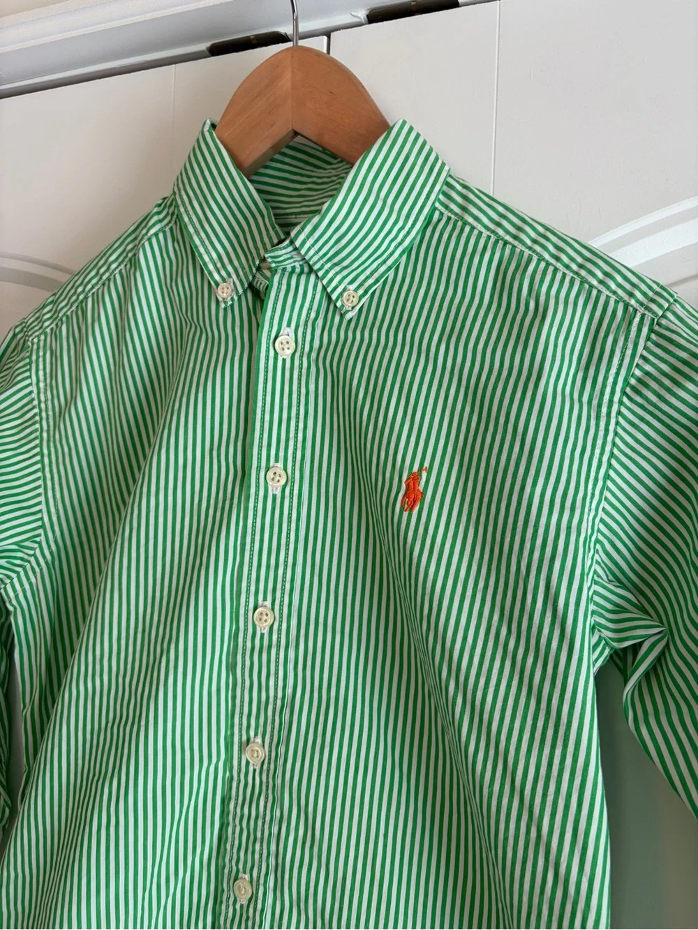 Ralph Lauren Boys Sz M 10-12 Long Sleeve Green / White Stripe Shirt Button Down